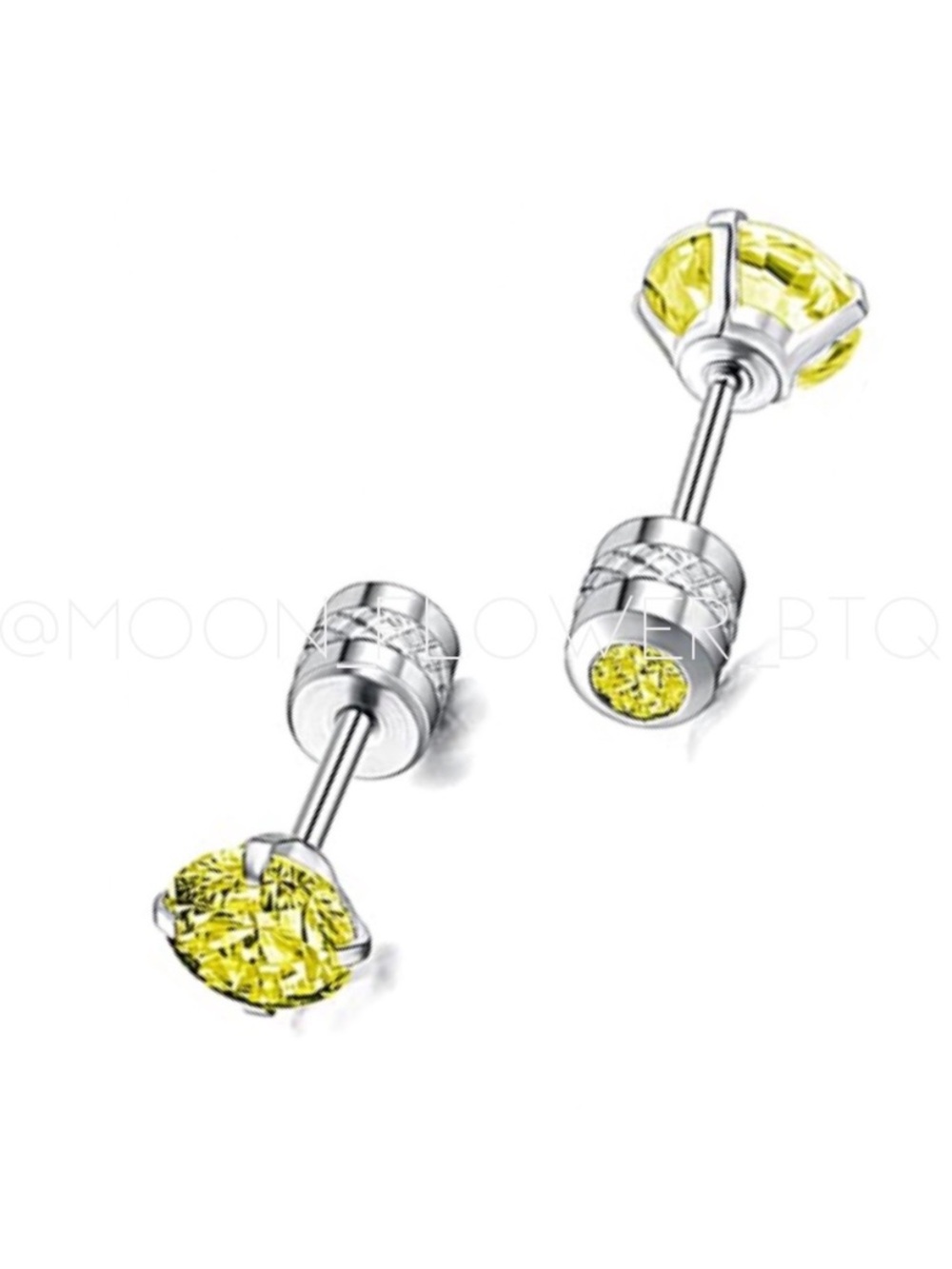 Yellow CZ Double Ended Stud Earrings Stainless Steel Screw Back 4mm
